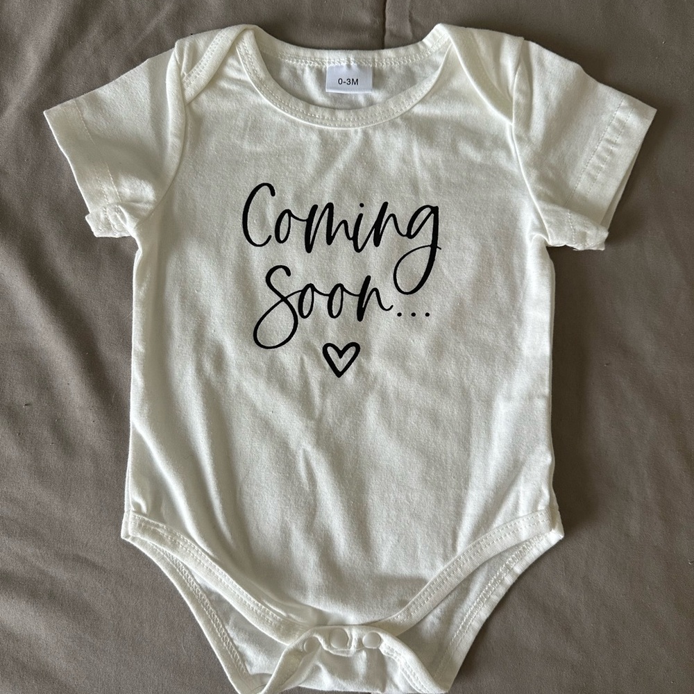Amazon white Bodysuit with 'Coming Soon' Design - Baby Announcement